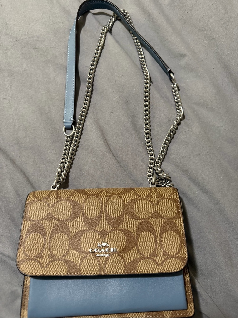 Coach Brown Signature Canvas Crossbody with Blue Leather Trim